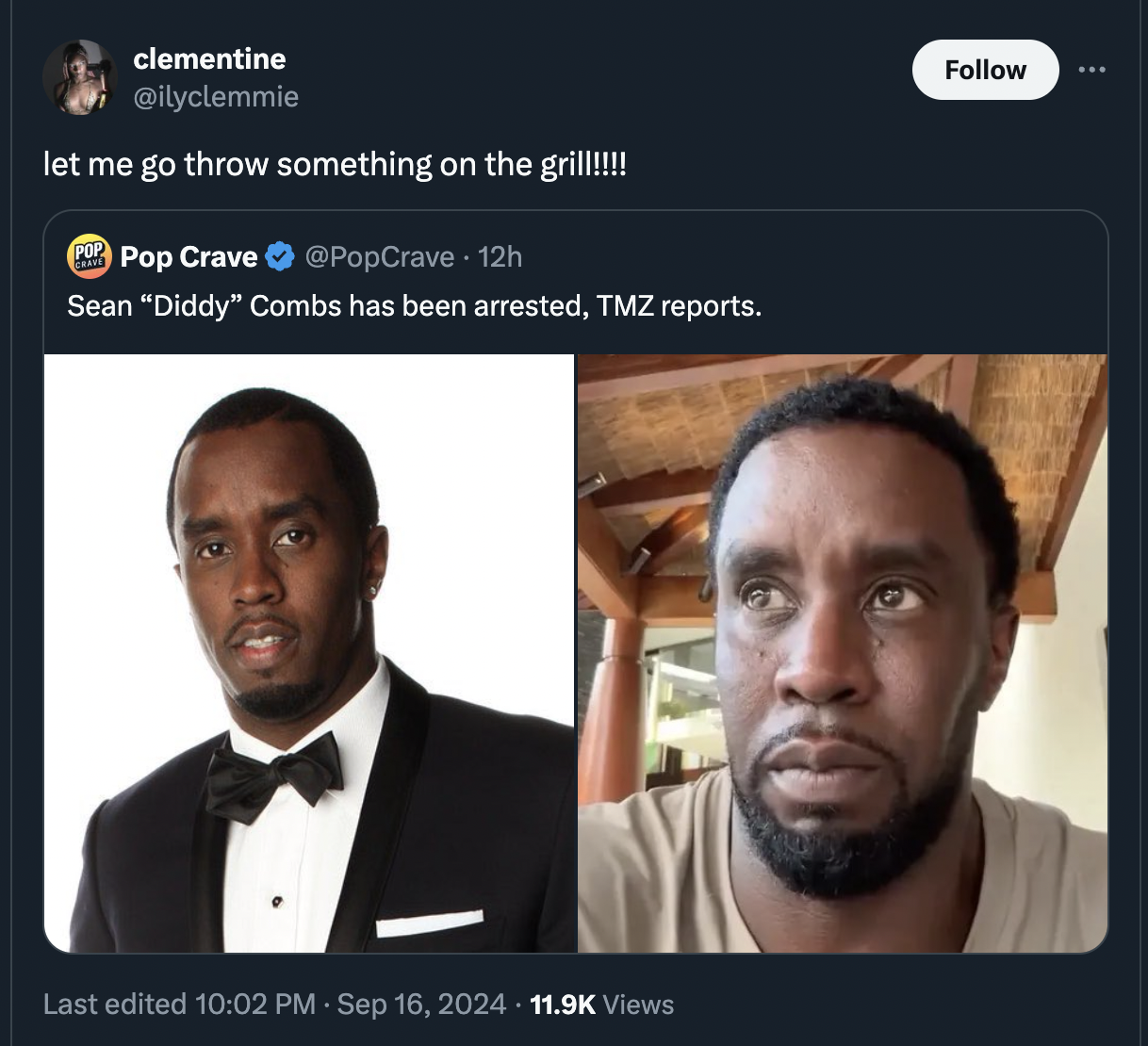 diddy apologize - clementine let me go throw something on the grill!!!! Pop Crave 12h Sean "Diddy" Combs has been arrested, Tmz reports. Last edited Views